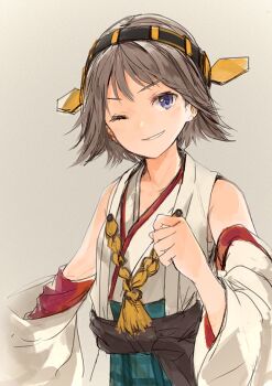 1girl bare_shoulders blue_eyes blue_skirt brown_hair commentary detached_sleeves grey_background headgear hiei_(kancolle) japanese_clothes kantai_collection looking_at_viewer makihitsuji nontraditional_miko one_eye_closed plaid_clothes plaid_skirt short_hair simple_background skirt solo upper_body wide_sleeves