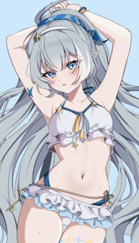 1girl ahoge armpits bikini blue_background blue_bikini blue_eyes blue_ribbon blush extra_pupils frilled_bikini frills grey_hair hair_ornament hair_ribbon hairband high_ponytail highres kano3 key long_hair looking_at_viewer navel official_alternate_costume official_alternate_hairstyle parted_lips pointy_ears ponytail ribbon simple_background solo stella_sora stomach sweat swimsuit thigh_gap tyrant_(stella_sora) very_long_hair white_bikini white_hairband wristband