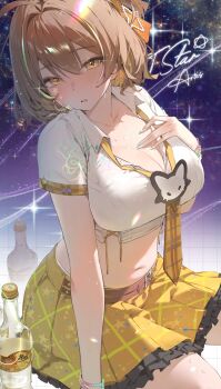 1girl absurdres ahoge anis_(nikke) anis_(star)_(nikke) anis_(star)_(t.t._star)_(nikke) arm_support bead_bracelet beads belt blonde_hair blush bottle bracelet breasts brown_eyes brown_hair cleavage collared_shirt counters_(nikke) crop_top cropped_shirt d: empty_bottle frilled_skirt frills goddess_of_victory:_nikke hair_between_eyes hair_ornament hair_ribbon hakkun270 hand_on_own_chest highres idol idol_clothes jewelry large_breasts layered_skirt looking_at_viewer loose_necktie microphone midriff miniskirt multicolored_hair multiple_bracelets navel necktie official_alternate_costume open_clothes open_collar open_mouth partially_unbuttoned plaid_clothes plaid_necktie ribbon shirt short_hair short_sleeves skirt sky smile solo star_(sky) starry_sky stomach t.t._star_(nikke) two-tone_hair unbuttoned unbuttoned_shirt white_necktie white_shirt wing_collar yellow_skirt