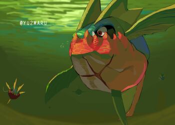 animal_focus artist_name carvanha closed_mouth evolutionary_line from_below gen_3_pokemon glowing glowing_eyes highres nintendo no_humans pokemon pokemon_(creature) red_eyes shark sharp_teeth sharpedo solo teeth underwater watermark yunimaru