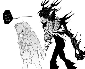 1girl 1other aged_down child commentary_request crying december_holiday deltarune fake_horns furry furry_female greyscale guitar hairband highres holding holding_hands holding_instrument hole_in_hand horn_hairband horns instrument korean_commentary kris_(deltarune) monochrome open_mouth roaring_knight shirt short_hair simple_background speech_bubble t-shirt tears ttudolee utdr_(toby_fox) walking white_background