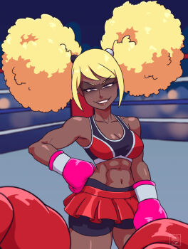 1girl afro afro_puffs armpit_crease armpits black_bra black_shorts blonde_hair boxing boxing_gloves boxing_ring boxing_shorts bra breasts cleavage collarbone danganronpa_(series) danganronpa_another_episode:_ultra_despair_girls dark-skinned_female dark_skin deathzerareal female_focus grin highres large_breasts looking_at_viewer multicolored_bra muscular muscular_female navel pleated_skirt pov pov_hands purple_eyes red_bra red_skirt second_generation_enoshima_junko shaded_face shadow shorts skirt smile solo_focus sports_bra sportswear teeth underwear white_bra