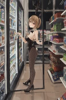 1girl absurdres alcohol animal_ear_hairband animal_ears bare_arms bare_shoulders beer black_bow black_bowtie black_hairband black_leotard black_nails black_pantyhose black_shoes blonde_hair blush bow bowtie brown_eyes convenience_store detached_collar drink fake_animal_ears fake_tail fishnet_pantyhose fishnets from_side hair_between_eyes hairband high_heels highres holding holding_drink leotard looking_at_viewer money_between_breasts muginosa open_mouth original pantyhose playboy_bunny rabbit_ear_hairband rabbit_ears rabbit_tail revision shoes shop short_hair solo strapless strapless_leotard tail wrist_cuffs