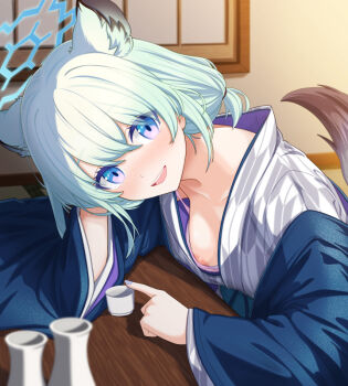 1girl animal_ear_fluff animal_ears areola_slip arms_on_table blue_archive blue_eyes blue_halo blue_haori blush bottle bra breasts choko_(cup) commentary_request cup double-parted_bangs elbow_rest halo haori indoors japanese_clothes kimono looking_at_viewer medium_breasts multicolored_eyes nose_blush open_mouth pink_bra purple_eyes sake_bottle shigure_(blue_archive) short_hair sitting smile solo tail tamainoniwa two-tone_eyes underwear upper_body white_hair white_kimono