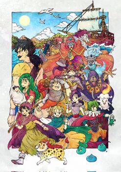 armor baby bella_(dq5) bianca_(dq5) bindle black_eyes black_hair blonde_hair blue_dress blue_eyes blue_sky boots borongo bracelet braid cape carrying carrying_baby carrying_person chainmail child cloak commentary_request curly_hair dragon_quest dragon_quest_v dress earrings facial_hair fangs fangs_out flute full_body gonz green_cloak green_hair grey_tunic hair_ornament hair_ribbon henry_(dq5) hero_(dq5) highres holding holding_instrument instrument jewelry jyami long_dress long_hair looking_at_another low_ponytail multiple_boys multiple_girls multiple_others music mustache open_mouth orange_dress papas playing_instrument pointy_ears ponytail powan purple_cloak purple_hair purple_turban ribbon rope_belt sancho_(dq5) ship single_shoulder_pad sky smile sword sword_on_back tiara toriga tunic walking watercraft weapon weapon_on_back