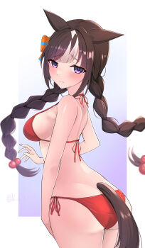 1girl absurdres animal_ears ass bare_shoulders bikini blush bow braid breasts brown_hair closed_mouth commentary_request ear_bow frown halterneck hi_ch_mng highres hokko_tarumae_(umamusume) horse_ears horse_girl horse_tail large_breasts long_hair looking_at_viewer multicolored_hair purple_eyes red_bikini side-tie_bikini_bottom sideboob solo string_bikini striped_hair swimsuit tail twin_braids umamusume white_hair