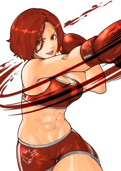 1girl boxing boxing_gloves boxing_shorts bra breasts female_focus guard heart highres huge_breasts large_breasts mature_female medium_breasts muscular muscular_female pale_skin red_bra red_eyes red_hair rocohisaya short_hair shorts smile snk tank_top the_king_of_fighters thick_thighs thighs underwear uppercut vanessa_(kof)