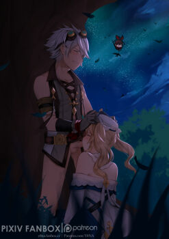 1boy 2girls amber_(genshin_impact) bad_id bad_pixiv_id barbara_(genshin_impact) bare_shoulders bennett_(genshin_impact) blonde_hair blush brown_hair closed_eyes erection fellatio genshin_impact gloves goggles goggles_on_head grass hat hetero kneeling multiple_girls night open_mouth oral outdoors penis sex sky standing tree twintails uncensored under_tree watermark white_hair yona_(illusty0na)