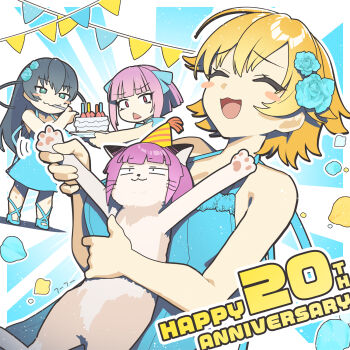 Rule 34 | 3girls, :<, :3, animal, black hair, blue dress, blush stickers, cake, cat, closed eyes, commentary request, dress, eating, food, fuu fuu, green eyes, happy, happy anniversary, highres, holding, holding animal, holding cat, holding food, igawa asagi, igawa sakura, long hair, milestone celebration, multiple girls, oboro (taimanin asagi), official art, orange hair, purple hair, taimanin (series)