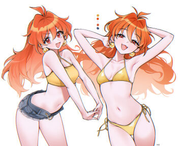 1girl absurdres ahoge armpits arms_behind_head bikini breasts commentary denim denim_shorts earrings fang haze_(7h4ze) highres jewelry lina_inverse long_hair looking_at_viewer navel open_mouth orange_hair red_eyes shorts simple_background skin_fang slayers small_breasts stomach strapless swimsuit thighs tube_top very_long_hair white_background yellow_bikini yellow_tube_top