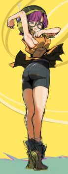 1girl armpits ass black_shorts breasts chrono_trigger commentary english_commentary glasses green_helmet helmet highres large_breasts lucca_ashtear presenting purple_hair shorts smelly_armpits solo spaghetto087 standing yellow_background