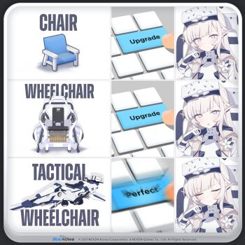 1girl battlesuit blue_archive blush bodysuit commentary copyright_name earclip english_commentary gloves head-mounted_display head-mounted_display_lift highres himari_(armed)_(blue_archive) himari_(blue_archive) hover_bike hover_vehicle long_hair meme mole mole_under_eye motor_vehicle motorcycle official_alternate_costume official_art pointy_ears purple_eyes smile white_bodysuit white_hair