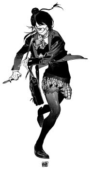 1girl bag blazer bow bowtie braid collared_shirt earrings expressionless floating_clothes floating_hair full_body glasses greyscale hair_bun hair_over_one_eye highres holding holding_pen jacket jewelry lapels loafers long_sleeves looking_to_the_side miniskirt monochrome nail_polish notched_lapels open_clothes open_jacket open_mouth original pantyhose pen plaid_bow plaid_bowtie plaid_clothes plaid_skirt pleated_skirt school_bag school_uniform shirt shoes shoulder_bag signature single_braid single_hair_bun skirt solo stud_earrings sweater_vest walking white_background wing_collar yuioni