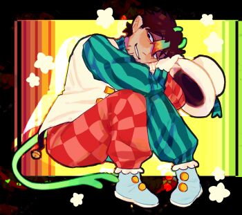 Rule 34 | 1boy, animification, antenna hair, beard stubble, bell, black border, black eyes, blue boots, boots, border, brown hair, clown, colorful, commentary, english commentary, facial hair, forked tail, full body, gloves, green tail, hair behind ear, hair between eyes, hat, head tilt, hermitcraft, highres, holding, holding unworn clothes, holding unworn hat, ivy (iveoy), jingle bell, long sleeves, looking at viewer, male focus, minecraft youtube, multicolored hair, official alternate costume, outside border, pants, rainbow background, rainbow hair, shirt, sideburns, sitting, smallishbeans, solo, star (symbol), streaked hair, striped clothes, striped shirt, stubble, tail, tail bell, tail ornament, two-tone pants, two-tone shirt, unworn hat, unworn headwear, vest, white gloves, white hat, white vest