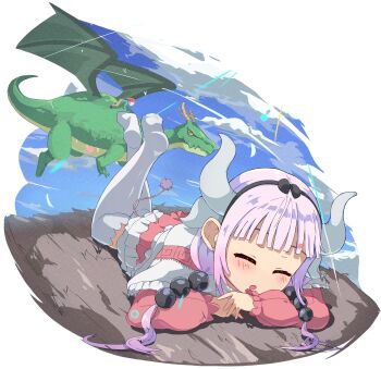 2girls beads blunt_bangs closed_eyes commentary_request dragon dragon_girl dragon_horns feet_up foreshortening hair_beads hair_ornament highres horns kanna_kamui kobayashi-san_chi_no_maidragon kobayashi_(maidragon) long_sleeves lying multiple_girls on_stomach onabe915 open_mouth pink_sweater simple_background sky solo_focus sweater thighhighs tohru_(maidragon) white_background white_hair white_thighhighs