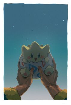 :d absurdres gen_2_pokemon highres holding holding_pokemon nintendo open_mouth pokemon pokemon_(creature) pokemon_focus sara_(yeahx2wowx2) sky smile solid_oval_eyes star_(sky) starry_sky togepi volo_(pokemon)