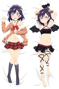 1girl arm_at_side armband arms_behind_head arms_up artist_name bare_shoulders black_gloves black_gloves black_ribbon black_skirt black_wings blush bow bowtie breasts cardigan collared_shirt crop_top cross-laced_clothes cross-laced_legwear dakimakura_(medium) demon_girl demon_horns demon_wings flustered full_body gabriel_dropout gloves groin hair_ornament hairclip hallelujah_essaim halterneck highres horns kneehighs knees_together_feet_apart leg_ribbon looking_at_viewer lying medium_hair midriff miniskirt multiple_views navel no_panties non-web_source o-ring o-ring_top on_back open_cardigan open_clothes open_mouth open_shirt open_skirt orange_cardigan parted_bangs parted_lips plaid_clothes plaid_skirt pleated_skirt purple_eyes purple_hair purple_socks red_bow red_bowtie red_ribbon ribbon school_uniform shirt signature skirt small_breasts socks stomach topknot vignette_tsukinose_april white_shirt wide-eyed wings x_hair_ornament