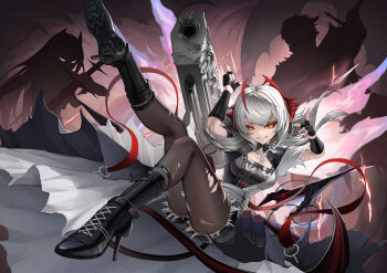 1girl absurdres antenna_hair arknights black_gloves black_shirt black_shorts boots breasts commentary demon_girl demon_horns demon_tail finger_gun fingerless_gloves full_body gloves grin hair_between_eyes hands_up high_heel_boots high_heels highres horns huge_weapon ichira jacket knee_up leaning_back leg_up long_hair looking_at_viewer medium_breasts medium_hair nail_polish orange_eyes outstretched_leg pantyhose pointing pointing_at_viewer red_hair red_nails shirt short_shorts shorts slit_pupils smile solo tail torn_clothes torn_jacket torn_pantyhose torn_shorts w_(arknights) weapon white_hair white_jacket wis'adel_(arknights) wis'adel_(supernova)_(arknights)