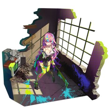 1girl :d blue_hair blush clothes_around_waist full_body game_cg girls'_frontline girls'_frontline_neural_cloud green_hair green_thighhighs highres holding holding_sword holding_weapon jacket jacket_around_waist knees_together_feet_apart looking_at_viewer neon_palette off_shoulder official_alternate_costume official_art onono_imoko open_mouth paint pink_hair puzzle_(neural_cloud) rebar rubble shirt smile solo standing sword television thighhighs third-party_source torn_clothes torn_thighhighs weapon white_shirt