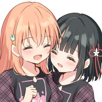 2girls 5th_live_tour_~4pair_power_spread!!!!~ :d ^_^ above-cleavage_cutout black_hair black_shirt blush cerise_bouquet clenched_hand closed_eyes clothing_cutout commentary_request flower flower_knot hair_flower hair_ornament hanazora_satsuki highres hinoshita_kaho link!_like!_love_live! long_hair love_live! medium_hair momose_ginko multiple_girls nirei_nozomi open_mouth orange_hair plaid_clothes plaid_sleeves rabbit_hair_ornament sakurai_hina shirt simple_background smile t-shirt upper_body virtual_youtuber voice_actor_connection white_background white_flower