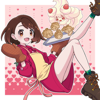 Rule 34 | 1girl, alcremie, alcremie (strawberry sweet), alcremie (vanilla cream), apron, baking sheet, bede (pokemon), blush, boots, border, brown boots, brown eyes, brown hair, character-themed food, character cookie, commentary request, cookie, dress, eyelashes, food, gen 8 pokemon, gloria (pokemon), green socks, heart, highres, holding, holding tray, hop (pokemon), leg up, long sleeves, marnie (pokemon), nintendo, no headwear, no jacket, open mouth, outline, oven mitts, pink dress, plaid clothes, plaid socks, pokemon, pokemon (creature), pokemon swsh, red eyes, short hair, smile, socks, tray, white border, white outline, yellow apron, yuu (jgvj7873)