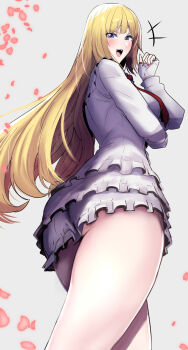 1girl ass blonde_hair blue_eyes blush clash_kuro_neko emilie_de_rochefort from_below highres bad_tag long_hair long_sleeves petals skirt teeth tekken thighs upper_teeth_only