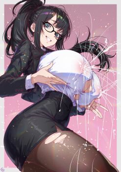 1girl absurdres black_hair black_jacket black_skirt blue_eyes breasts button_gap collared_shirt excessive_lactation glasses grabbing_own_breast grin high-waist_skirt high_ponytail highres huge_breasts jacket lactation lactation_through_clothes long_hair long_sleeves looking_at_viewer momoyama_tits nipples no_bra onna_kyoushi open_clothes open_jacket pantyhose pencil_skirt ponytail projectile_lactation see-through_clothes see-through_shirt shirt skirt smile solo thighs torn_clothes torn_pantyhose white_shirt