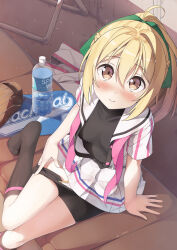 Rule 34 | 1girl, bike shorts, bike shorts pull, black socks, blonde hair, blush, bottle, breasts, brown eyes, cinderella series, commentary request, dress, from above, green ribbon, hachigatsu no cinderella nine, hair ribbon, highres, long hair, looking at viewer, nervous smile, no shoes, open clothes, open dress, ponytail, pulled by self, ribbon, sitting, small breasts, smile, socks, solo, takanashi yuzu, tsubure manjuu, undershirt, water bottle