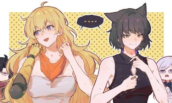 ... 4girls aftersex animal_ears averting_eyes bite_mark bite_mark_on_breast bite_mark_on_neck bite_mark_on_shoulder black_hair blake_belladonna blonde_hair cat_ears embarrassed frown glaring grey_hair hickey highres implied_after_sex long_hair looking_at_another mechanical_arms multiple_girls open_mouth orange_scarf outside_border purple_eyes ruby_rose rwby scarf shared_speech_bubble short_hair single_mechanical_arm sleeveless speech_bubble spoken_ellipsis strapless trembling upper_body very_long_hair wavy_hair weiss_schnee yang_xiao_long yellow_eyes yumi_xsh yuri zipper zipper_pull_tab zipping