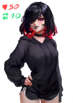 Rule 34 | abigail (baddelz), baddelz, black choker, black hair, black hoodie, black lips, black shorts, choker, colored tips, doll joints, hand on own hip, highres, hood, hoodie, joints, multicolored hair, original, pink eyes, red hair, shorts, twitter strip game