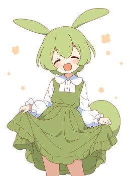 1girl absurdres alternate_costume closed_eyes collared_shirt cowboy_shot dress facing_viewer green_dress green_hair highres long_sleeves ojou-sama_zundamon open_mouth shirt simple_background skirt_hold solo standing voiceroid voicevox white_background white_shirt zundamon zungurimukkuri_tarou