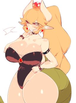 armband bare_arms bare_hips bare_legs bare_shoulders black_armband black_collar black_dress blonde_hair blush bowsette breasts cleavage collar dress gluteal_fold green_tail hand_on_own_hip highres horns huge_breasts long_hair looking_to_the_side mario_(series) new_super_mario_bros._u_deluxe nintendo ponytail red_earrings red_eyes shell spiked_armband spiked_collar spiked_wristband spikes super_crown sweatdrop tail thick_thighs thighs usa37107692 white_horns wide_hips wristband