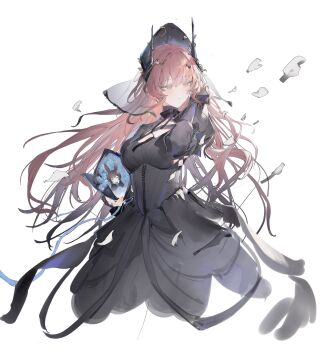 2girls absurdres alternate_costume amiya_(arknights) animal_ears arknights arm_up black_dress black_horns blue_flower bouquet brown_hair closed_eyes cropped_legs deformed dress flantia flower hair_between_eyes highres holding holding_bouquet holding_flower horn_flower horns jewelry long_dress long_hair long_sleeves looking_to_the_side multiple_girls parted_lips puffy_sleeves rabbit_ears rabbit_girl red_eyes red_hair ring simple_background theresa_(arknights) white_background white_flower