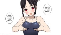 1girl :o absurdres black_hair blush breast_conscious breasts collarbone commentary coro_fae english_text folded_ponytail highres kaguya-sama_wa_kokurasetai_~tensai-tachi_no_renai_zunousen~ looking_at_viewer paid_reward_available red_eyes school_swimsuit shinomiya_kaguya simple_background small_breasts solo speech_bubble swimsuit upper_body white_background