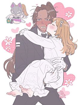 1girl 2boys aged_down barefoot black_jacket black_necktie black_pants blood blood_on_face brown_hair carrying catherine_(project_moon) collared_shirt commentary_request cosplay dress full-stop_office_(identity)_(project_moon) gloves heathcliff_(project_moon) high_ponytail hindley_(project_moon) jacket kiss limbus_company long_hair meow_(project_moon) meow_(project_moon)_(cosplay) multiple_boys necktie pants ponytail princess_carry project_moon shirt simple_background tama_launcher very_long_hair white_background white_dress white_gloves white_shirt