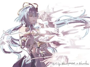 Rule 34 | 2girls, breasts, chinese commentary, commentary request, crying, dress, elysia (herrscher of human: ego) (honkai impact), elysia (honkai impact), fading, gloves, griseo, griseo (cosmic expression), halo, highres, honkai (series), honkai impact 3rd, hug, koorinami, large breasts, long hair, miyoushe watermark, multiple girls, open mouth, pink hair, purple eyes, simple background, very long hair, watermark, white background, white dress, white gloves