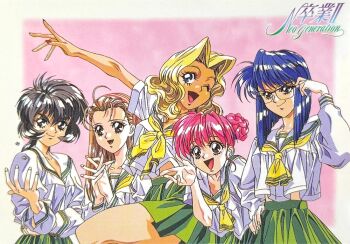 1990s_(style) 5girls arm_up black_eyes black_hair blonde_hair blue_eyes blue_hair bob_cut braid braided_bun brown_hair cindy_sakurai copyright_name dice graduation_(series) green_skirt hair_bun hand_on_own_hip interlocked_fingers inuzuka_saori ishibashi_misako long_hair long_sleeves midriff_peek miniskirt multiple_girls neckerchief non-web_source official_art one_eye_closed open_mouth outstretched_arm pleated_skirt rectangular_eyewear red_eyes retro_artstyle rimless_eyewear scan school_uniform short_hair simple_background skirt smile sotsugyou_ii:_neo_generation standing takei_masaki tani_yurika white_background yasuda_maina