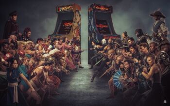 6+boys 6+girls akuma_(street_fighter) arcade armor balrog_(street_fighter) baraka belt blanka blue_eyes cammy_white capcom character_request chun-li commentary copyright_request crossover e._honda english_commentary gloves glowing glowing_eyes guile hanzo_hasashi hat itoonofficial jade_(mortal_kombat) jax_(mortal_kombat) johnny_cage kano_(mortal_kombat) ken_masters kitana kuai_liang kung_lao liu_kang m._bison mask mortal_kombat_(series) mouth_mask multiple_boys multiple_crossover multiple_girls ninja ninja_mask no_pupils noob_saibot quan_chi raiden_(mortal_kombat) reptile_(mortal_kombat) ryu_(street_fighter) sagat scorpion_(mortal_kombat) shao_kahn shirt short_hair sleeveless smoke_(mortal_kombat) sonya_blade street_fighter trait_connection vega_(street_fighter) weapon white_eyes white_hair zangief