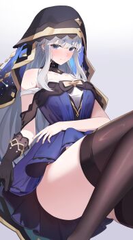 1girl absurdres adina_savic bare_shoulders black_dress black_gloves black_survival black_veil blue_dress blue_eyes blue_veil blush breasts brown_thighhighs closed_mouth collarbone commentary commission dress eternal_return:_black_survival feet_out_of_frame gloves grey_background hair_between_eyes highres large_breasts legs long_sidelocks looking_at_viewer multicolored_dress pixiv_commission schoppi_0731 sidelocks simple_background single_glove sleeveless sleeveless_dress solo sweat sweatdrop thighhighs thighs veil white_dress white_hair yellow_veil