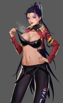 Rule 34 | 1girl, absurdres, adjusting bra, adjusting clothes, areola slip, bad id, bad pixiv id, black bra, black hair, black pants, bra, breasts, cameltoe, chinese commentary, cleavage, commentary, cowboy shot, cropped jacket, cum, cum on body, detached collar, drizzle 13, eyeshadow, facial, female focus, grey background, hand on own hip, highres, jacket, large breasts, lips, lipstick, long hair, long sleeves, looking at viewer, makeup, multicolored hair, navel, open clothes, open jacket, original, pants, parted lips, ponytail, purple eyes, red jacket, red lips, simple background, solo, standing, stomach, streaked hair, teeth, tight clothes, tight pants, underwear, very long hair, wet