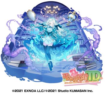 1girl :o ankle_boots aqua_coat blue_boots blue_bow blue_bowtie blue_fire blue_hair blue_thighhighs blunt_bangs book book_stack bookshelf boots bow bowtie buttons chandelier checkered_floor coat colored_extremities colored_skin copyright_name copyright_notice dress emia_(castilla) empire_waist fire floating floating_object frilled_coat frilled_dress frilled_shirt_collar frilled_sleeves frills full_body ghost green_eyes hair_bow hair_over_one_eye indoors juliet_sleeves lace-up_boots legs_together legwear_cutout library long_hair long_sleeves looking_at_viewer low_twintails maggie_(monmusu_td) magic mirror monster_musume_td multicolored_hair official_art one_eye_covered outstretched_arm puffy_sleeves purple_skin short_dress sidelocks solo striped_clothes striped_thighhighs thighhighs twintails two-tone_hair vase vertical-striped_clothes vertical-striped_thighhighs white_background white_dress white_hair