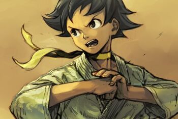 Rule 34 | 1girl, black eyes, capcom, choker, commentary request, dougi, female focus, fist on palm, frown, grey hair, hungry clicker, long sleeves, looking to the side, makoto (street fighter), male focus, open mouth, solo, street fighter, street fighter iii, upper body, yellow background