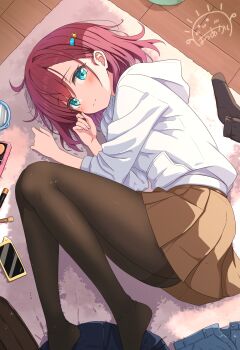 1girl aqua_eyes black_pantyhose cellphone closed_mouth gamyuu_(gamyu) highres hood hoodie indoors looking_at_viewer lying medium_hair on_side original pantyhose phone red_hair signature skirt smartphone smile solo thighband_pantyhose tights_day white_hoodie wooden_floor