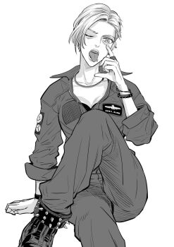 Rule 34 | 1girl, ;p, ace combat, ace combat 7, blonde hair, breasts, collarbone, elke van dalsen, face piercing, green jumpsuit, highres, jewelry, jumpsuit, lip piercing, looking at viewer, one eye closed, patch, piercing, pilot, short hair, solo, takato15 c, tongue, tongue out