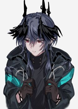 Rule 34 | 1boy, alternate costume, aogisa, arknights, black gloves, black hair, black horns, black jacket, black shirt, black wings, borrowed clothes, buttons, closed mouth, clothes grab, commentary, cosplay, demon boy, demon horns, demon wings, doctor (arknights), doctor (arknights) (cosplay), double-breasted, earrings, expressionless, feathered wings, gloves, grey background, hair between eyes, hands up, head wings, highres, hood, hood down, hooded jacket, horns, jacket, jewelry, logos (arknights), looking at viewer, male focus, mole, mole under eye, open clothes, open jacket, pointy ears, red eyes, shirt, sidelocks, simple background, solo, turning head, turtleneck, turtleneck shirt, upper body, wings