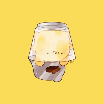 :3 animal_focus beret chibi chibi_only commentary cup dog hat in_container in_cup no_humans pompompurin sanrio signature solid_circle_eyes solo symbol-only_commentary tenmiyakiyo upside-down yellow_background yellow_theme