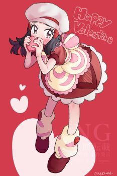 Rule 34 | 1girl, artist name, bent over, black hair, blush, brown eyes, chef hat, commentary, dawn (palentine's 2021) (pokemon), dawn (pokemon), dress, full body, hair ornament, hairclip, happy valentine, hat, heart, highres, holding, nintendo, pokemon, pokemon masters ex, puffy short sleeves, puffy sleeves, red background, sandora (karugamo no e), short sleeves, sidelocks, solo, untranslatable commentary, valentine