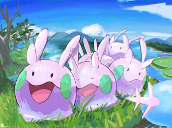 blurry blurry_background cloud commentary_request gen_2_pokemon gen_6_pokemon goomy grass group_picture highres lake mountain nintendo no_humans outdoors pokemon pokemon_(creature) polynimuri wooper