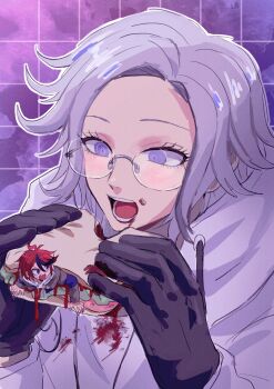 2boys absurdres ahoge aotsuki_eito black_gloves black_streaks blood blood_on_clothes blood_on_face blue_eyes blue_jacket commentary_request food glasses gloves grey_hair grey_jacket highres holding holding_food holding_sandwich hood hoodie imminent_vore jacket jacket_over_hoodie kawati looking_at_another male_focus mini_person miniboy multicolored_hair multicolored_jacket multiple_boys open_mouth purple_background purple_eyes red_hair sandwich sandwiched short_hair streaked_hair sumino_takumi the_hundred_line_-last_defense_academy- two-tone_jacket upper_body white_hoodie white_jacket