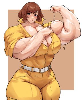 Rule 34 | 1girl, absurdres, april o'neil, belt, blush, bodysuit, breasts, brown hair, curvy, female focus, flexing, highres, large breasts, looking at viewer, musctonk, muscular, muscular arms, muscular female, short hair, solo, teenage mutant ninja turtles, thick thighs, thighs, veins, veiny arms